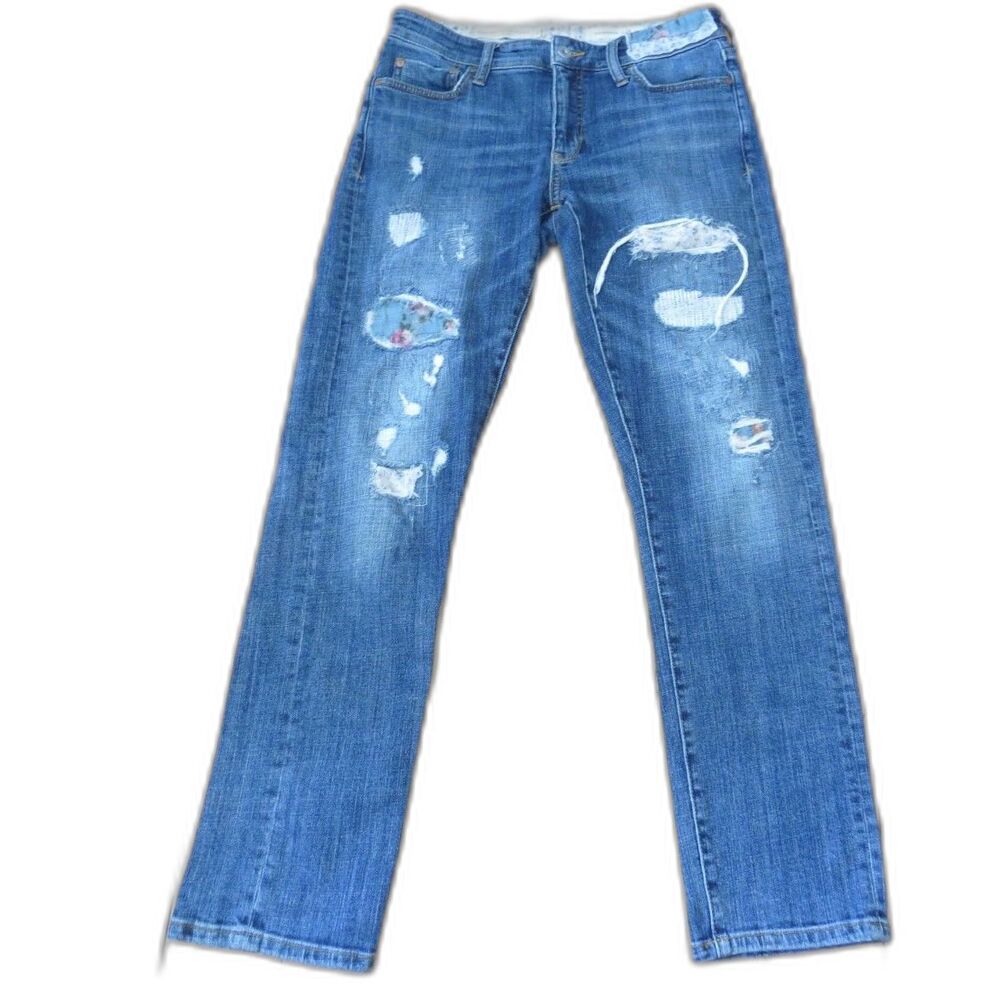 Pilcro Anthorpologie Women's Boyfriend Ripped Patchwork Jeans 27 EUC